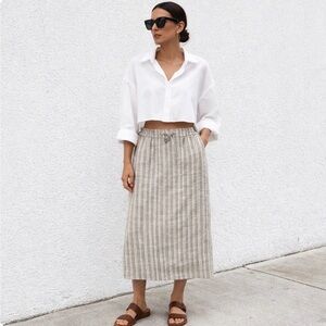 Coldwater Creek Midi Skirt 100% Linen Cream Brown PXL Wood Button Accent On Side